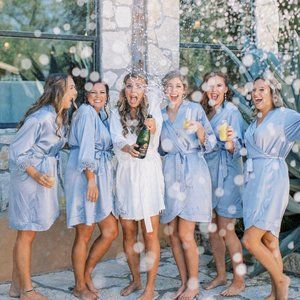 Dusty Blue Silky Satin Lace Robe for Bridal Party, Gift For Bridesmaid proposal
